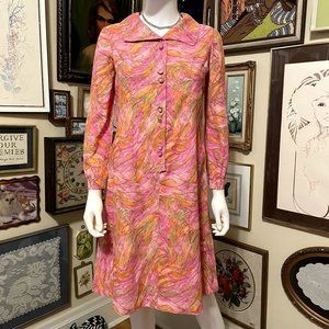 60s Vintage Pink Green Yellow Psychedelic Wide Collar Shirt Dress with Glass But